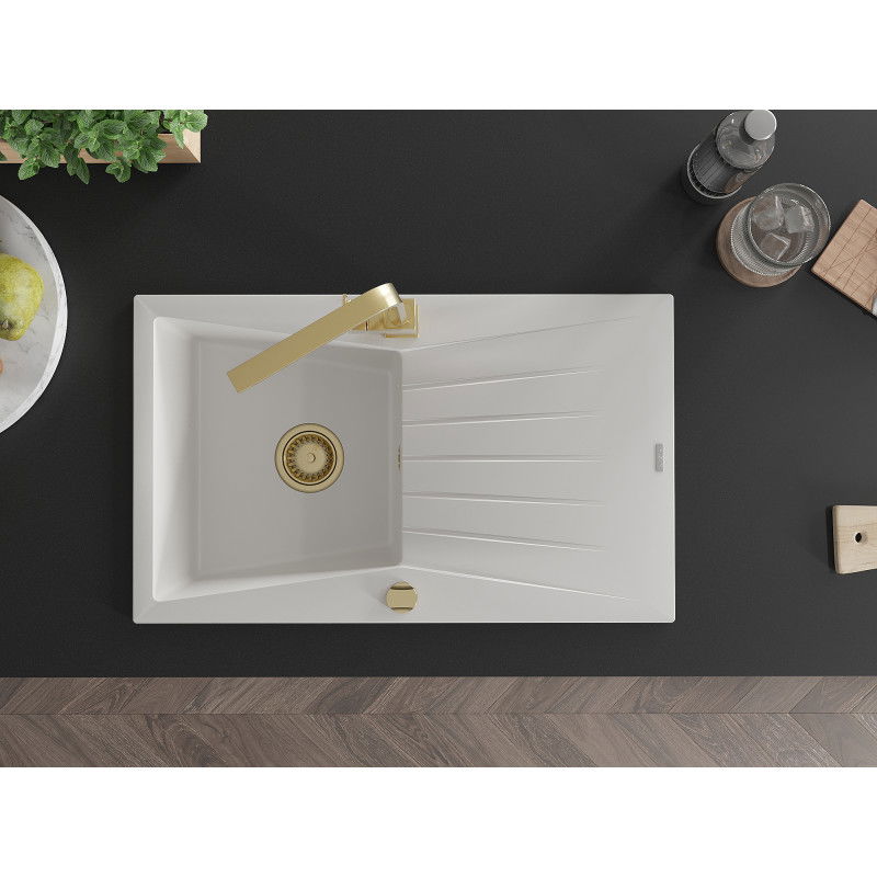 Mexen Cesar chiuvetă de granit cu 1 compartiment și scurgător și baterie de bucătărie Rita, alb - 6514-20-670300-50