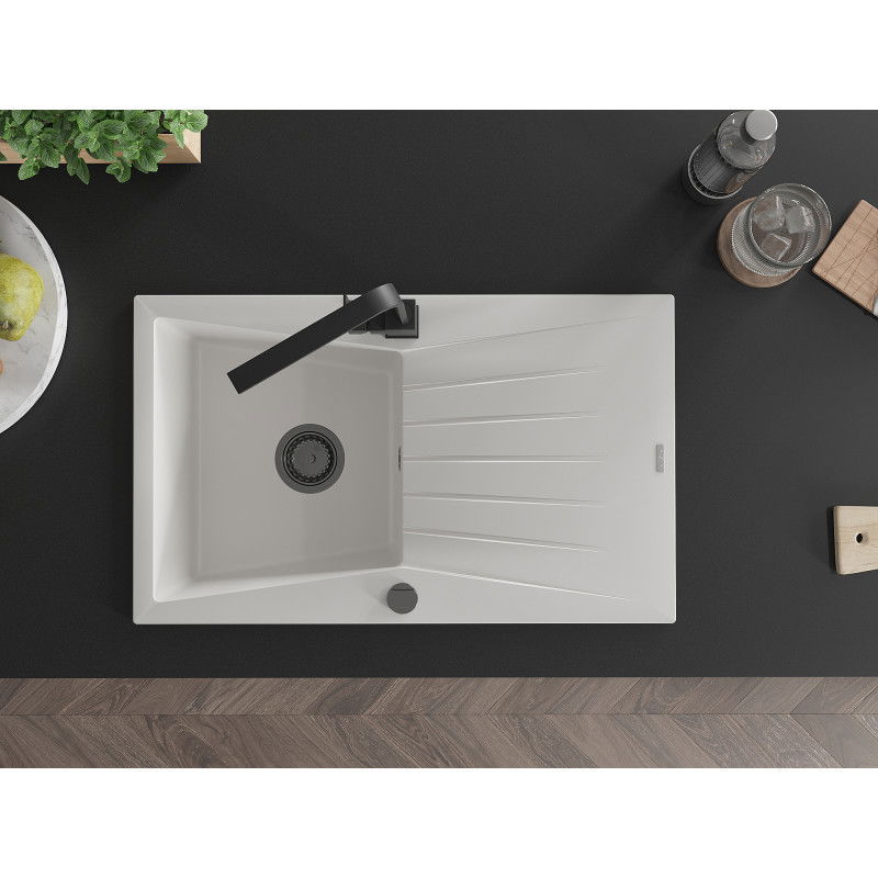 Mexen Cesar chiuvetă din granit cu 1 compartiment și scurgător și baterie de bucătărie Rita, alb - 6514-20-670300-70
