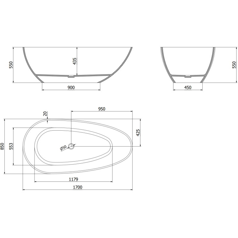 Mexen Glass cada de sine stătătoare transparentă 170 x 85 cm, negru, dop cromat - 58061708513