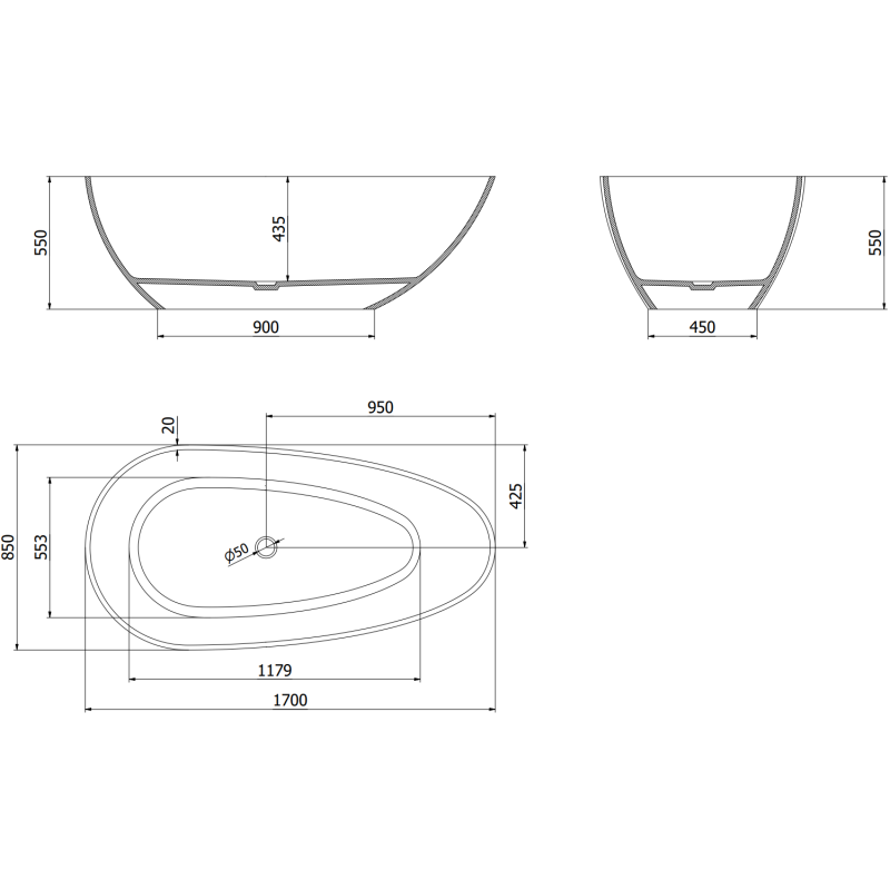 Mexen Glass fekete szabadon álló átlátszó kád 170 x 85 cm, króm lefolyó - 58061708513