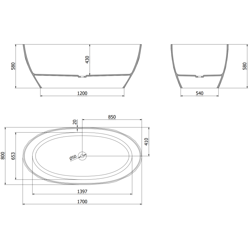 Mexen Orax cada neagră independentă transparentă 170 x 80 cm, dren crom - 58081708013