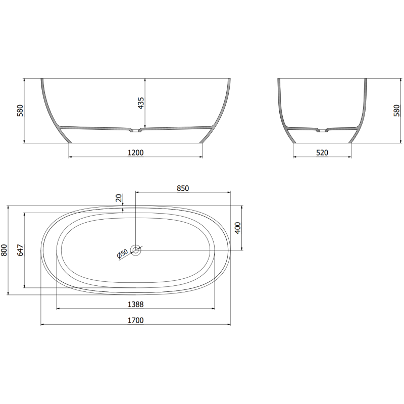 Mexen Pure clar cadă de baie independentă transparentă 170 x 80 cm, dop crom - 58071708008
