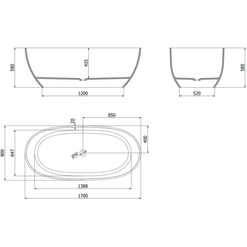 Mexen Pure szabadon álló átlátszó kád 170 x 80 cm, türkiz, krómozott dugó - 58071708011