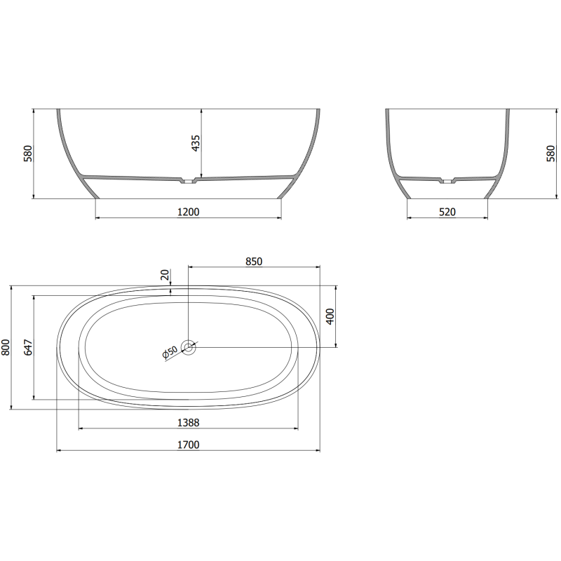 Mexen Pure lime szabadon álló átlátszó kád 170 x 80 cm, krómozott lefolyó - 58071708012