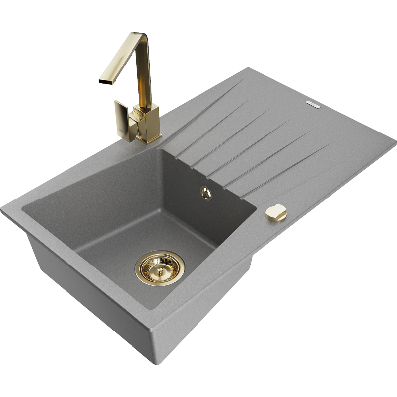 Mexen Cesar chiuvetă de granit cu o singură cuvă și scurgător, cu baterie de bucătărie Rita, gri - 6514-71-670300-50