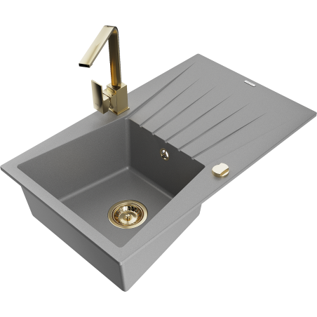 Mexen Cesar chiuvetă de granit cu o singură cuvă și scurgător, cu baterie de bucătărie Rita, gri - 6514-71-670300-50