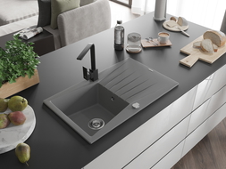 Mexen Cesar gránit mosogató 1-medencés csepegtető felülettel és Rita konyhai csapteleppel, szürke - 6514-71-670300-70