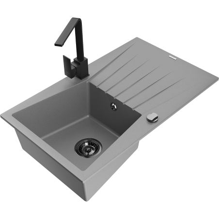 Mexen Cesar chiuvetă de granit cu 1 compartiment, cu picurător și baterie de bucătărie Rita, gri - 6514-71-670300-70-B