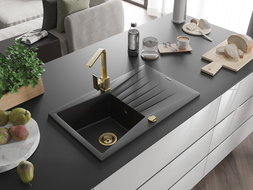 Chiuvetă granit Mexen Cesar cu o cuvă, cu scurgător și baterie bucătărie Rita, negru/metalizat argintiu - 6514-73-670300-50