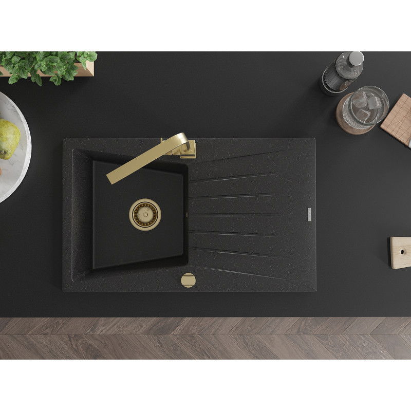 Mexen Cesar chiuvetă de bucătărie din granit cu 1 compartiment cu scurgător și baterie de bucătărie Rita, negru/metalic