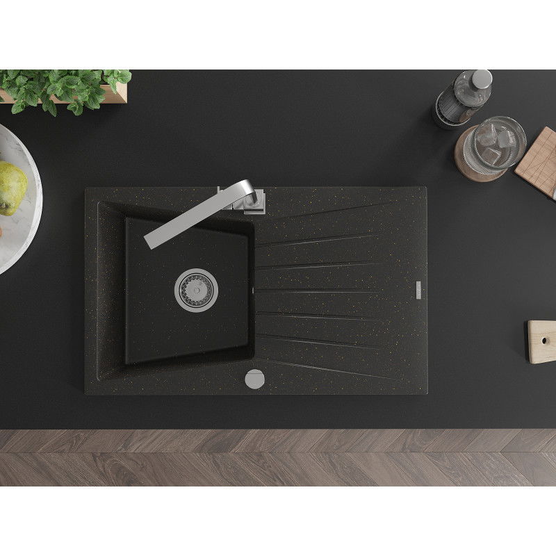 Mexen Cesar chiuvetă din granit cu 1 compartiment cu scurgător și baterie de bucătărie Rita, negru/auriu metalizat