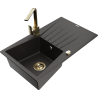 Mexen Cesar chiuvetă de granit cu 1 compartiment cu picurător și baterie de bucătărie Rita, negru/auriu metalizat