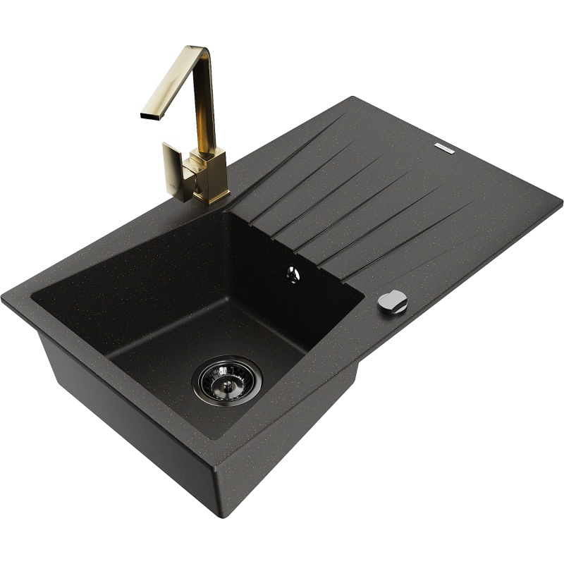 Mexen Cesar 1 rekeszes gránit mosogató csepegtetővel és Rita konyhai csapteleppel, fekete/arany metál - 6514-75-670300-50-B