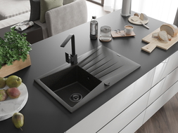 Chiuvetă granitică Mexen Cesar 1-cameră cu scurgător și baterie de bucătărie Rita, negru/auriu metalizat - 6514-75-670300-70-B