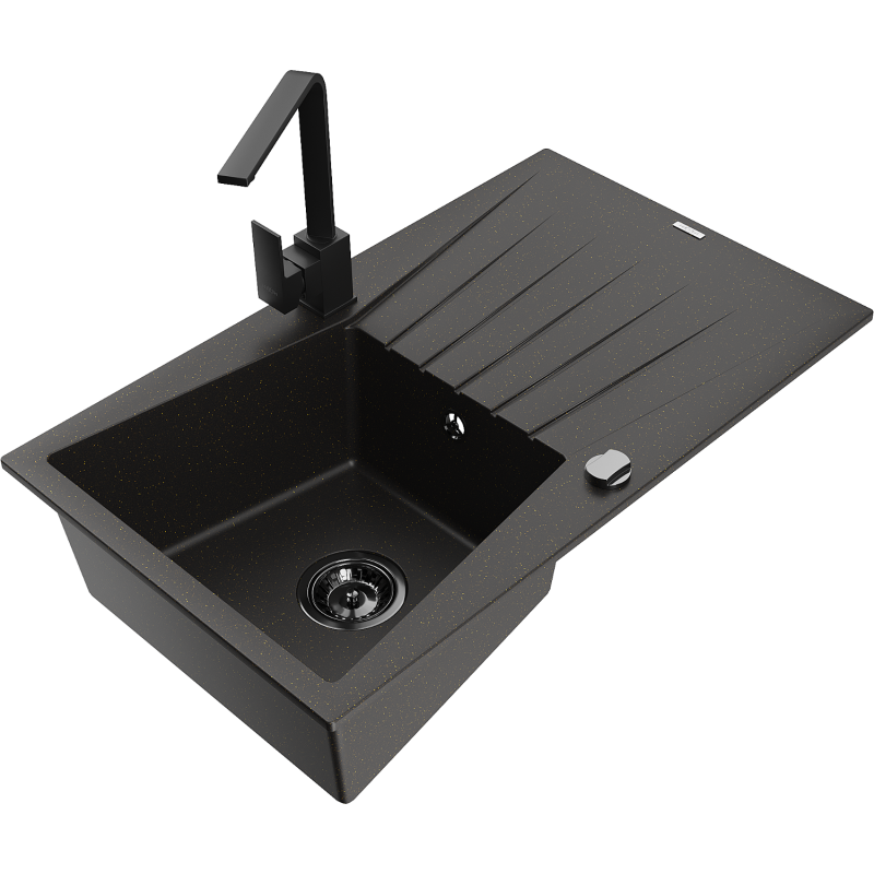 Chiuvetă granitică Mexen Cesar 1-cameră cu scurgător și baterie de bucătărie Rita, negru/auriu metalizat - 6514-75-670300-70-B