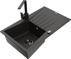 Chiuvetă granitică Mexen Cesar 1-cameră cu scurgător și baterie de bucătărie Rita, negru/auriu metalizat - 6514-75-670300-70-B