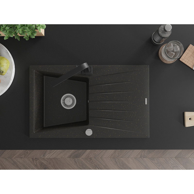 Mexen Cesar chiuvetă din granit cu 1 cuvă, scurgător și baterie de bucătărie Rita, negru/auriu metalic - 6514-75-670300-70
