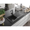 Mexen Cesar chiuvetă de granit cu 1 cameră cu scurgător și baterie de bucătărie Rita, negru pătat - 6514-76-670300-70