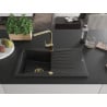 Mexen Cesar chiuvetă de granit cu un compartiment, cu picurător și baterie de bucătărie Rita, Neagră - 6514-77-670300-50