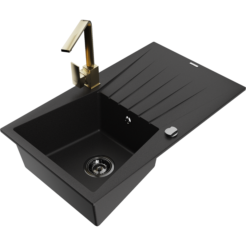 Mexen Cesar chiuvetă de granit cu o singură cuvă, cu picurător și baterie de bucătărie Rita, negru - 6514-77-670300-50-B
