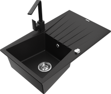 Mexen Cesar chiuvetă granit 1-cameră cu picurător și baterie bucătărie Rita, negru - 6514-77-670300-70