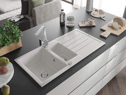 Mexen Andres 1,5-medencés gránit mosogató csepegtetővel és Rita konyhai csapteleppel, fehér - 6515-20-670300-00