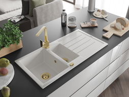 Mexen Andres gránit mosogató 1,5 medencés csepegtetővel és Rita konyhai csapteleppel, fehér - 6515-20-670300-50