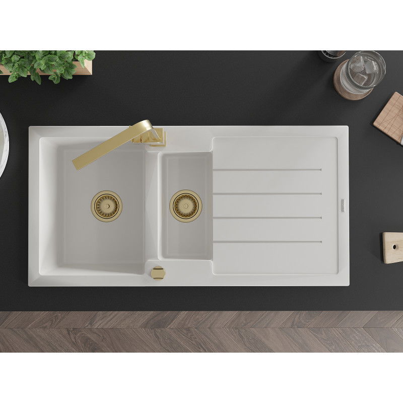 Mexen Andres chiuvetă de granit cu 1,5 compartimente cu scurgător și baterie de bucătărie Rita, alb - 6515-20-670300-50