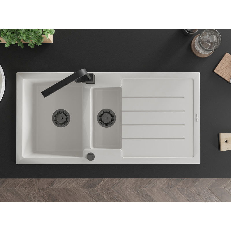 Mexen Andres 1,5 rekeszes, csepegtető tálcás, gránit mosogató Rita konyhai csapteleppel, fehér - 6515-20-670300-70