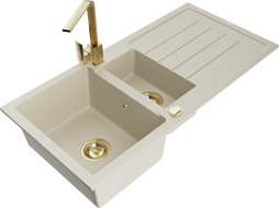 Mexen Andres chiuvetă de granit cu 1,5 compartimente cu scurgător și baterie de bucătărie Rita, bej - 6515-69-670300-50