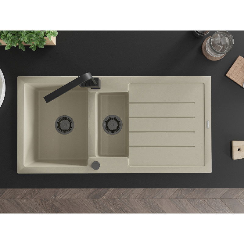 Mexen Andres gránit mosogató 1,5 kamrás csöpögtetővel és Rita konyhai csappal, bézs - 6515-69-670300-70