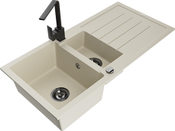 Mexen Andres gránit mosogató 1,5 kamrás csöpögtetővel és Rita konyhai csappal, bézs - 6515-69-670300-70