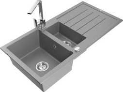 Mexen Andres gránit mosogató 1,5 medencés csepegtetővel és Rita konyhai csappal, szürke - 6515-71-670300-00