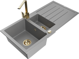 Mexen Andres chiuvetă de granit cu 1.5 cuve cu scurgător și baterie de bucătărie Rita, gri - 6515-71-670300-50