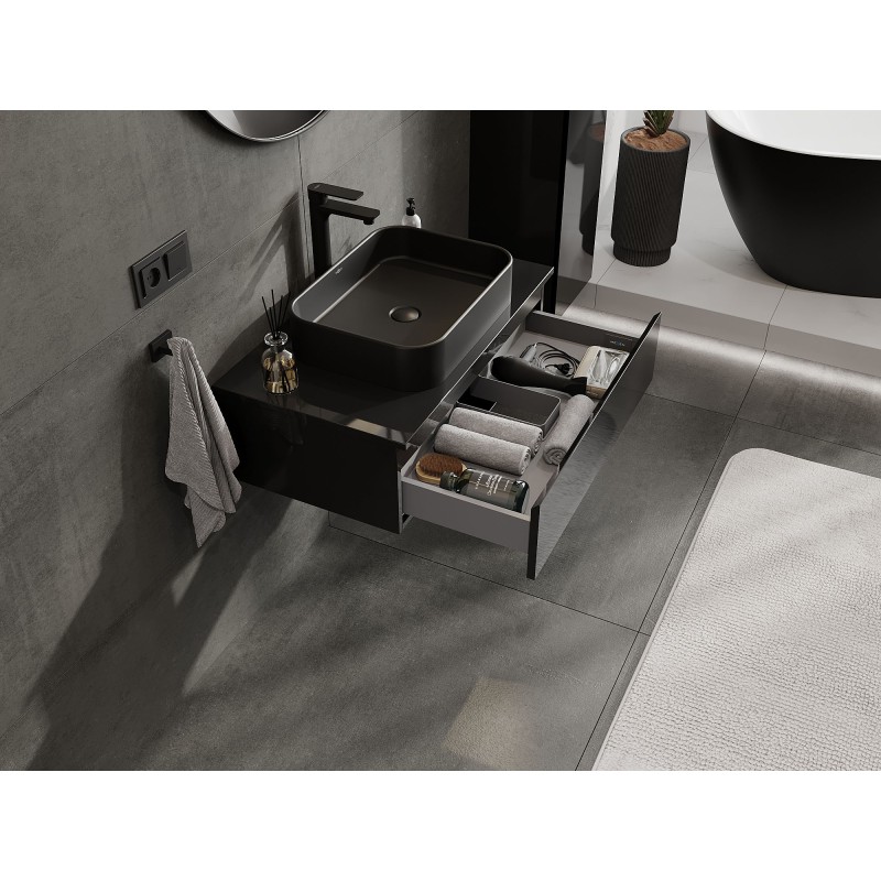 Mexen Orio 80 cm-es fürdőszobai szekrény mosdó alá, munkalappal, 1 fiók, fényes fekete - 91A10-08023-1-BFC70