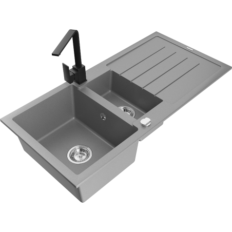 Mexen Andres chiuvetă de bucătărie din granit cu 1,5 compartimente cu picurător și baterie Rita, gri - 6515-71-670300-70