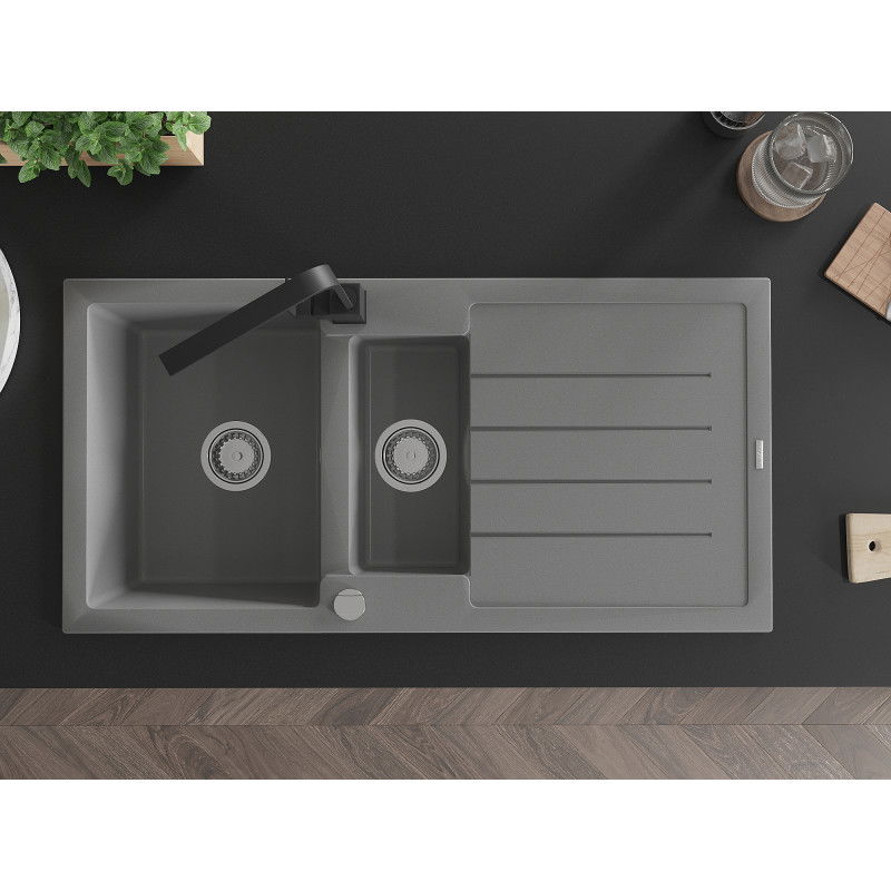 Mexen Andres 1,5 rekeszes gránit mosogató csöpögtetővel és Rita konyhai csapteleppel, szürke - 6515-71-670300-70