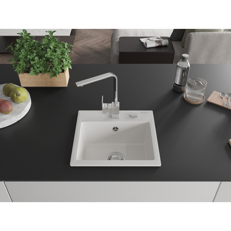 Mexen Milo chiuvetă de granit cu 1 compartiment și baterie de bucătărie Rita, alb - 6505-20-670300-00