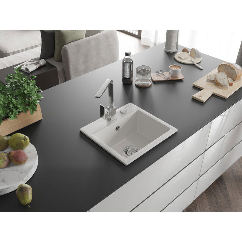 Mexen Milo 1-kamrás gránit mosogató Rita konyhai csapteleppel, fehér - 6505-20-670300-00