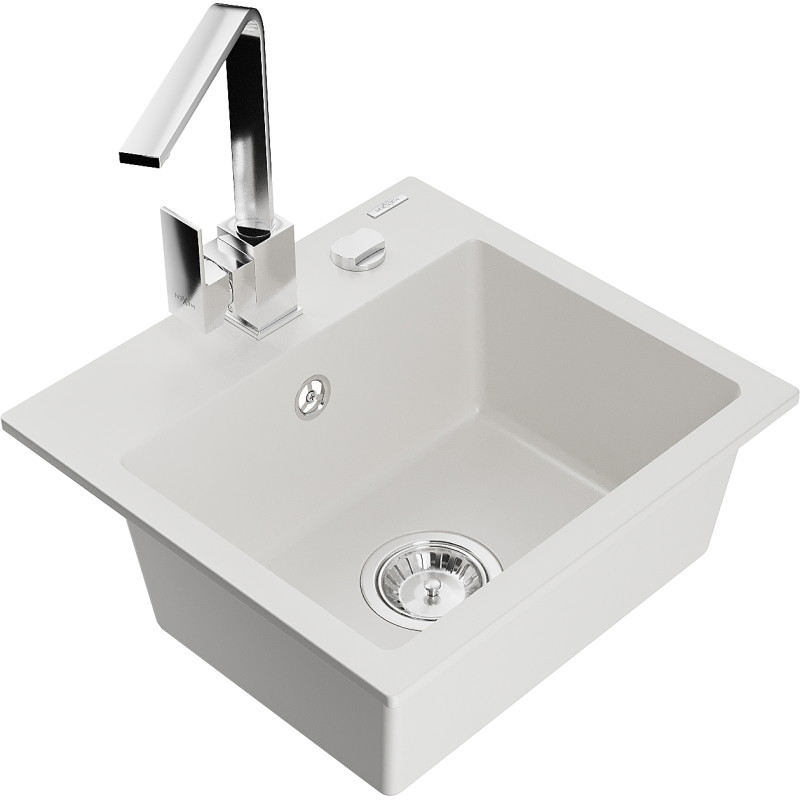 Mexen Milo chiuvetă de bucătărie din granit cu 1 compartiment cu baterie de bucătărie Rita, albă - 6505-20-670300-00