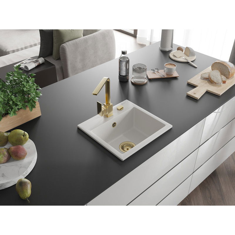 Mexen Milo chiuvetă de granit cu 1 compartiment și baterie de bucătărie Rita, alb - 6505-20-670300-50