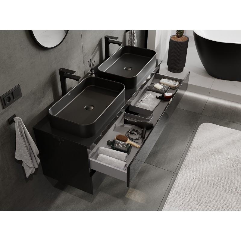 Mexen Orio dulap baie pentru chiuvetă 140 cm cu blat, 2 sertare, negru lucios - 91A10-14047-2-BFFC70