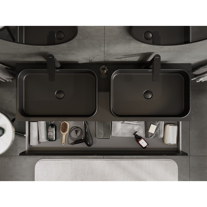 Mexen Orio dulap baie pentru chiuvetă 140 cm cu blat, 2 sertare, negru lucios - 91A10-14047-2-BFFC70