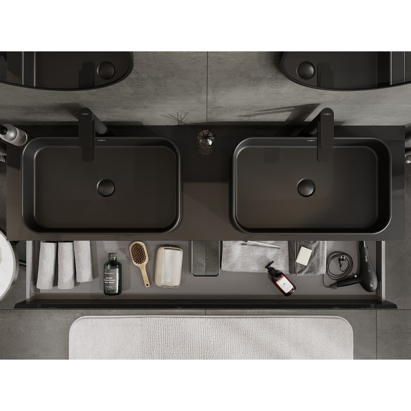 Mexen Orio dulap baie cu blat 160 cm, 2 sertare, negru lucios - 91A10-16047-2-BFFC70