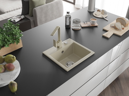 Mexen Milo chiuvetă de bucătărie din granit cu 1 compartiment și baterie de bucătărie Rita, bej - 6505-69-670300-69