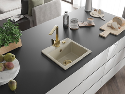 Mexen Milo chiuvetă de bucătărie din granit cu 1 cuvă și baterie de bucătărie Rita, bej - 6505-69-670300-50