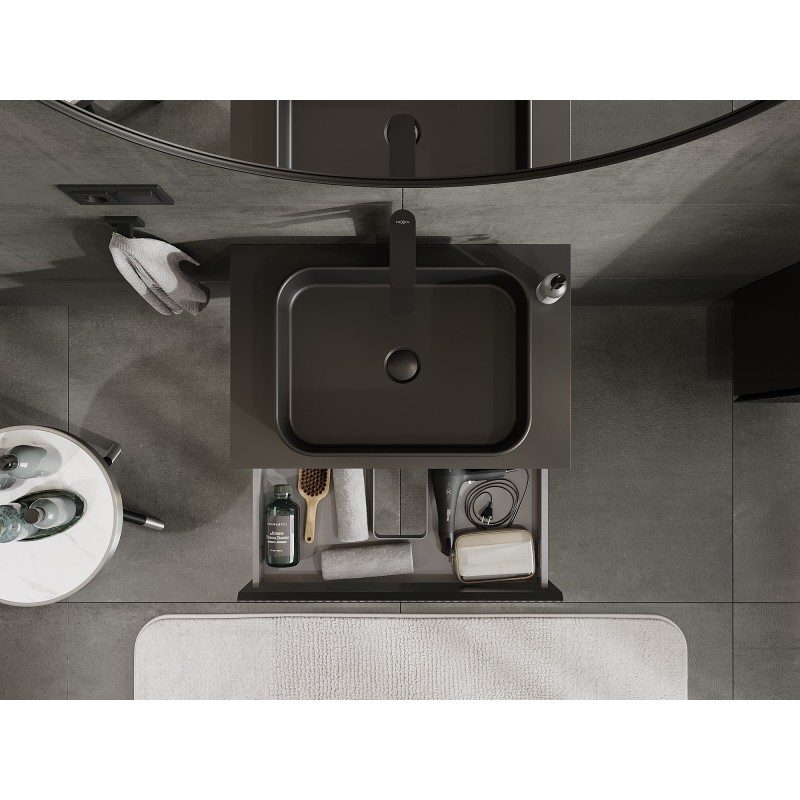 Mexen Rivel 70 cm-es mosdó alatti fürdőszobai szekrény munkalappal, 1 fiók, barázdált, fekete matt - 91A20-07023-1-BFC71