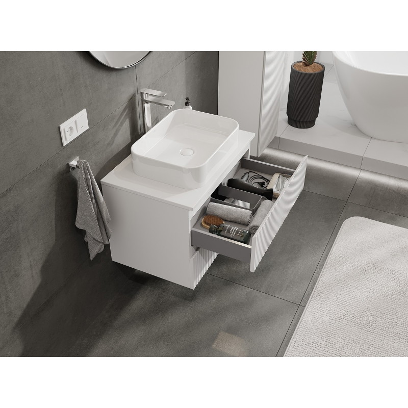 Mexen Rivel mosdószekrény pulttal 70 cm, 2 fiókos, bordázott, fehér matt - 91A20-07047-2-BFFC01