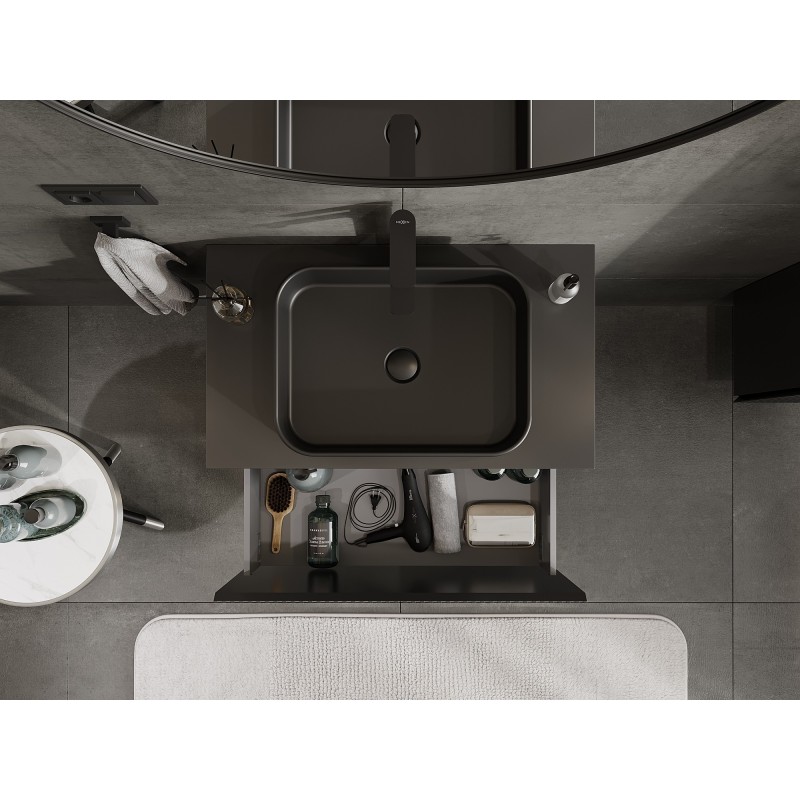 Mexen Rivel 80 cm-es fürdőszobai mosdószekrény munkalappal, 1 fiók, bordázott, matt fekete - 91A20-08047-1-BFC71