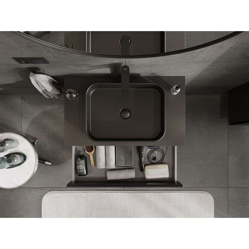 Mexen Rivel 80 cm-es mosdó alatti fürdőszoba szekrény munkalappal, 2 fiókos, bordázott, fekete matt - 91A20-08047-2-BFFC71